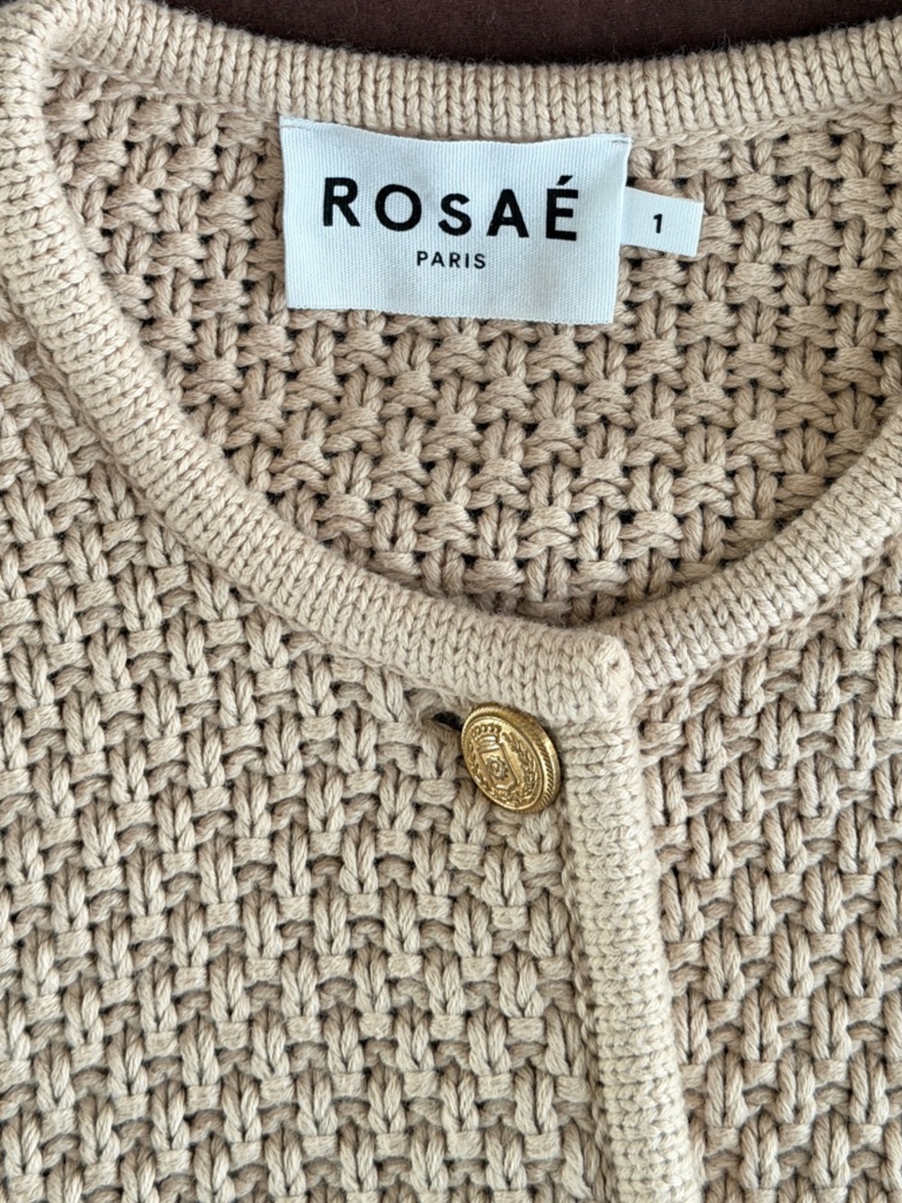 Rosae Paris - Chunky Knit Crewneck Cardigan Sweater in Beige with Gold Buttons - Picture 6 of 7